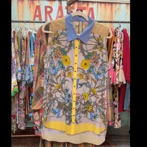 Floral Button-Front Sleeveless Top with Contrast Collar - Blue/Yellow
